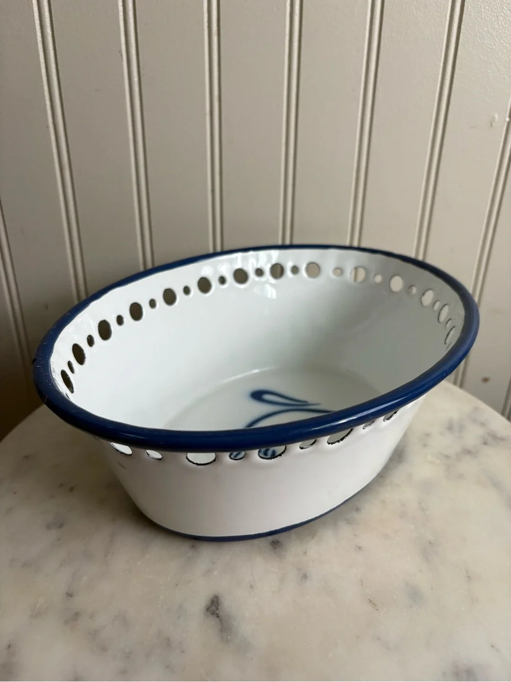 Vintage IKEA Enamel Arv Idyell Perforated Oval Bowl White & Blue Floral VTG 90s
